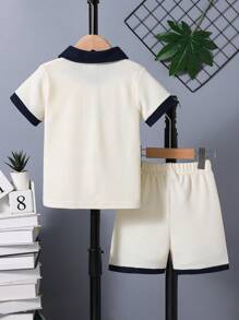SHEIN 2pcs Young BoyBicolor Patchwork Polo Shirt And Shorts Set, Getaway, Holiday, Travel, Relax, Sunbathing, Summer