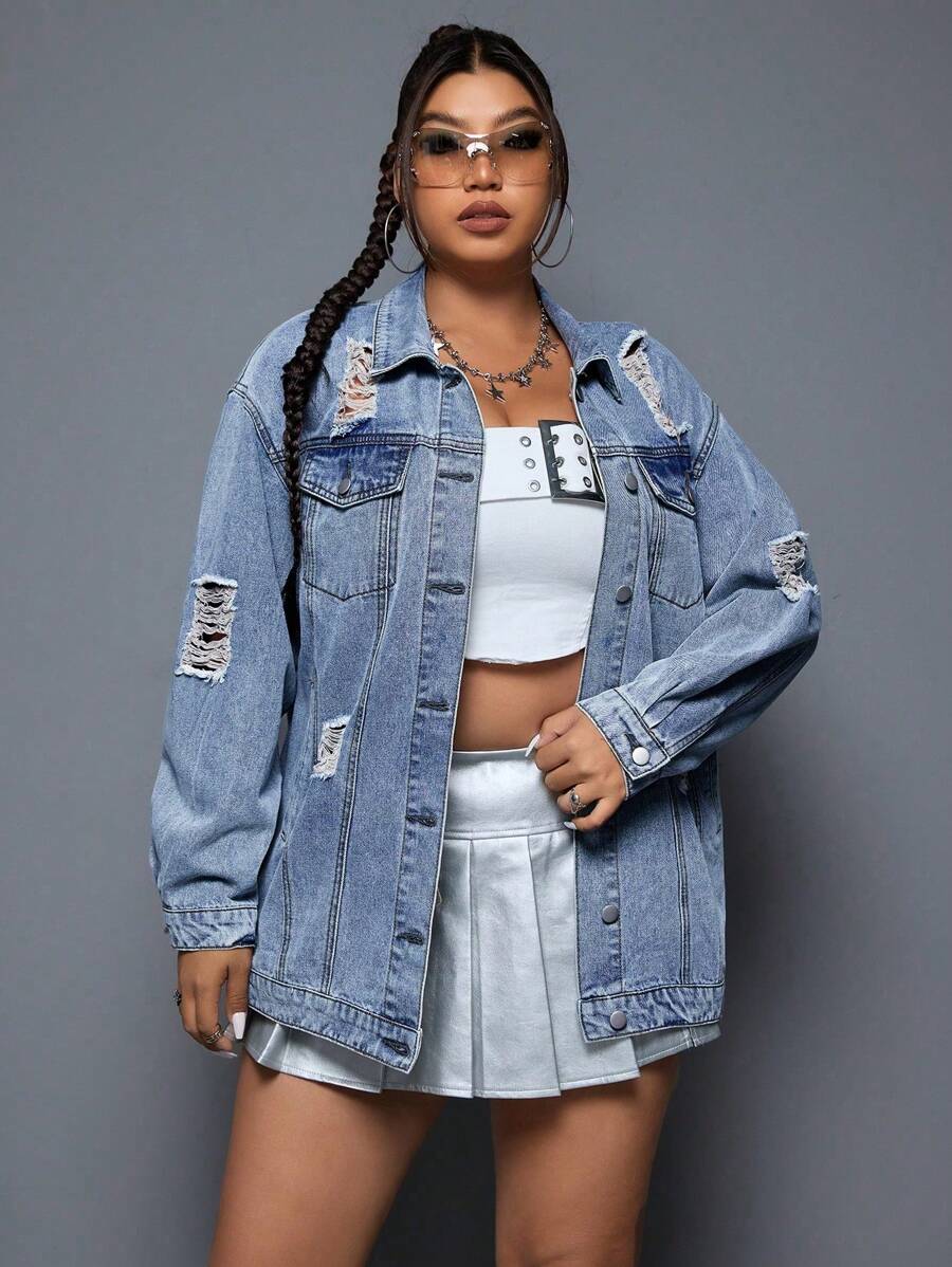 SHEIN ICON Plus Size Loose Fit Distressed Denim Jacket Fall Cloth For Women - Light Wash - View 1