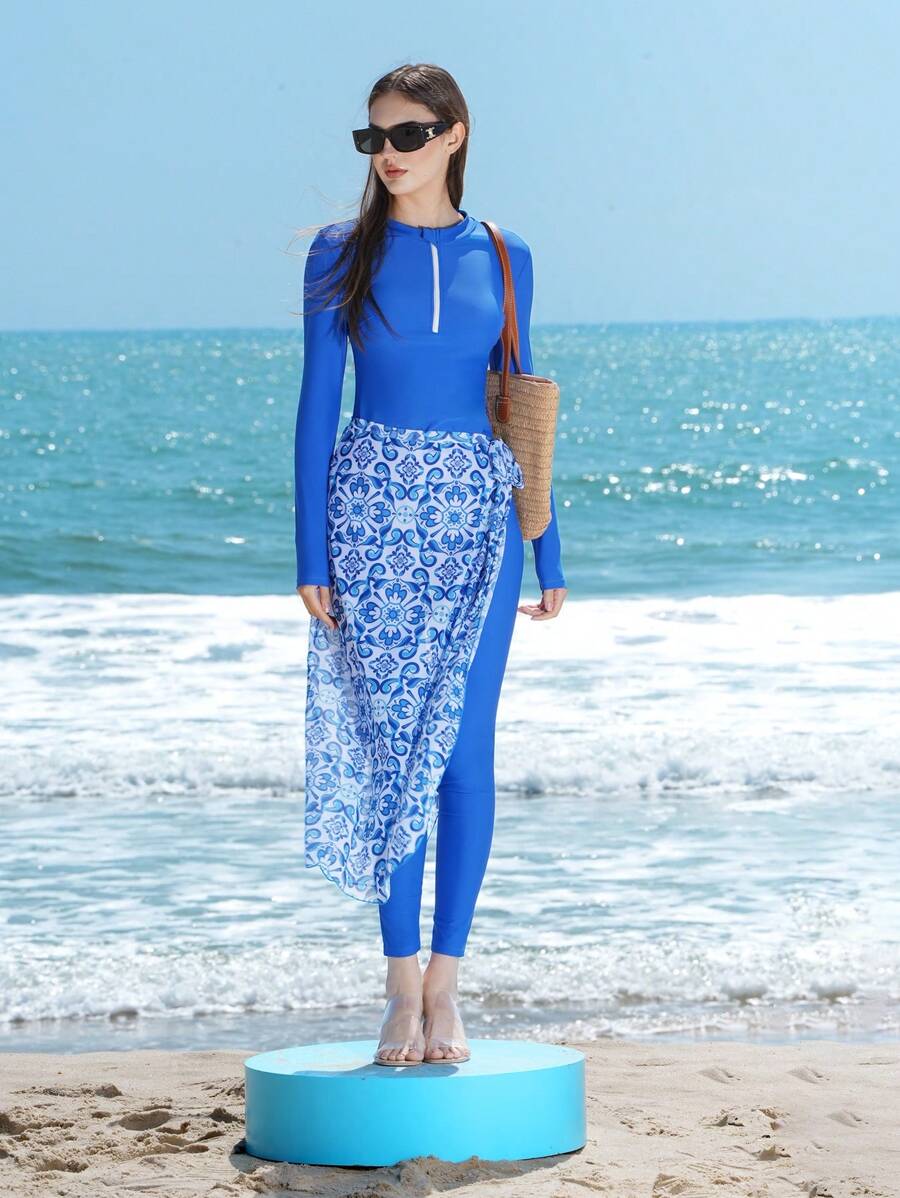 Swim Shayni 3pcs Women Modest Casual Beach Swimsuit Set: Solid Color Long Sleeve Zipper Top, Solid Color Pants, And Random Printed Cover Up Skirt Burkini, Summer Vacation Arabic Clothing - Blue - View 1