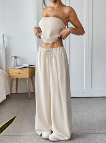 Muchica Apricot Color Woven Women's Tube Top And Pants 2 Pieces Casual Suit - Apricot - View 1