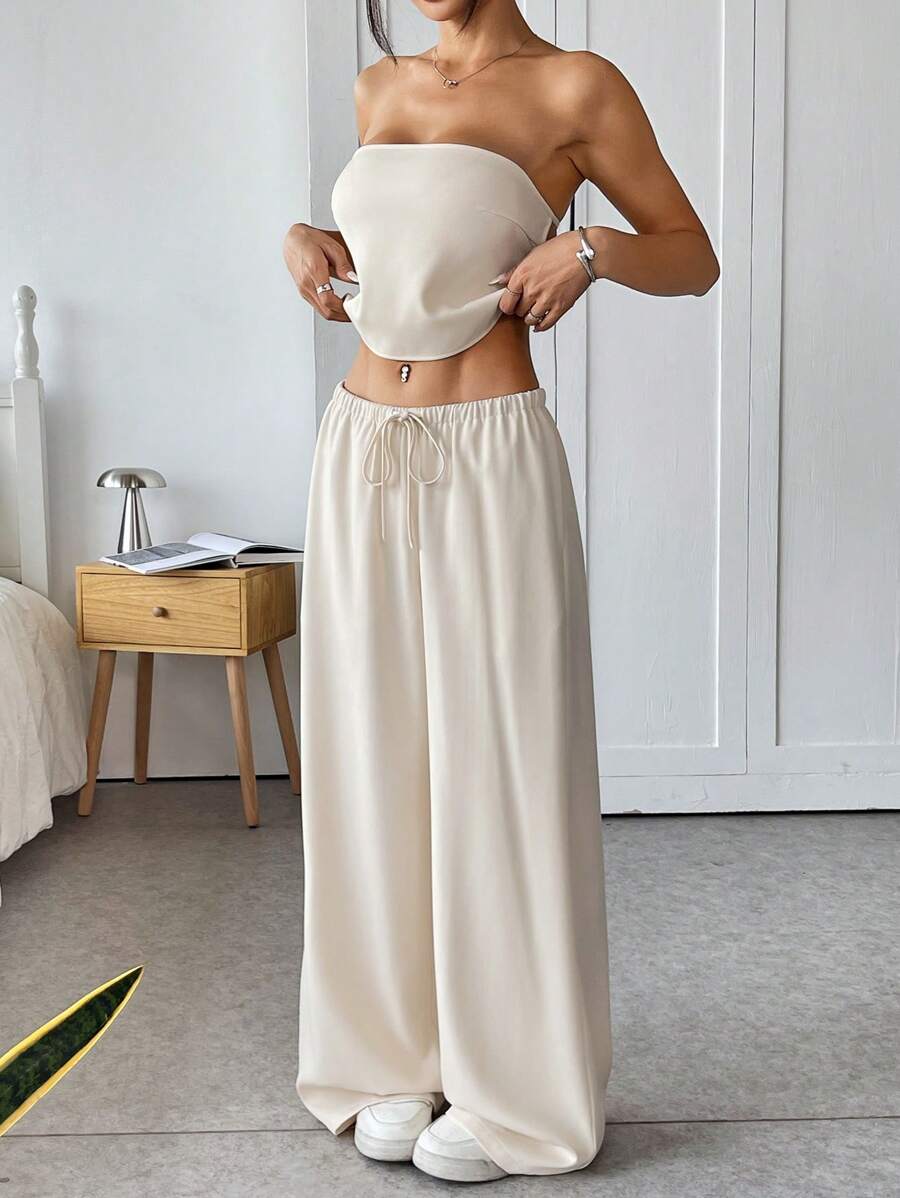 Muchica Apricot Color Woven Women's Tube Top And Pants 2 Pieces Casual Suit - Apricot - View 1