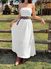 SHEIN EZwear Plus Size Women Summer Holiday Solid Color Ruffle Strapless Fashionable White Graduation Dress,Sun Dresses,Vacation,European Summer,Country,Beach,Sun Dresses For Women,Birthday,Brunch,Babydoll