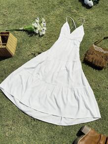 SHEIN EZwear 白色波西米亚风 V 领露背毕业礼服，夏季 - 白色 - 查看 7