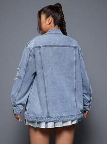 SHEIN ICON Plus Size Loose Fit Distressed Denim Jacket Fall Cloth For Women - Light Wash - View 2