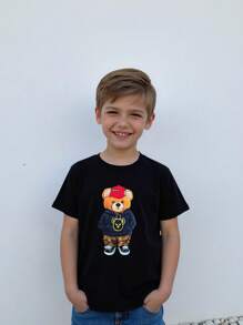 SHEIN Genkimix Kids 年輕男孩的短袖動物及字母印花t恤 - 黑色 - 查看 3