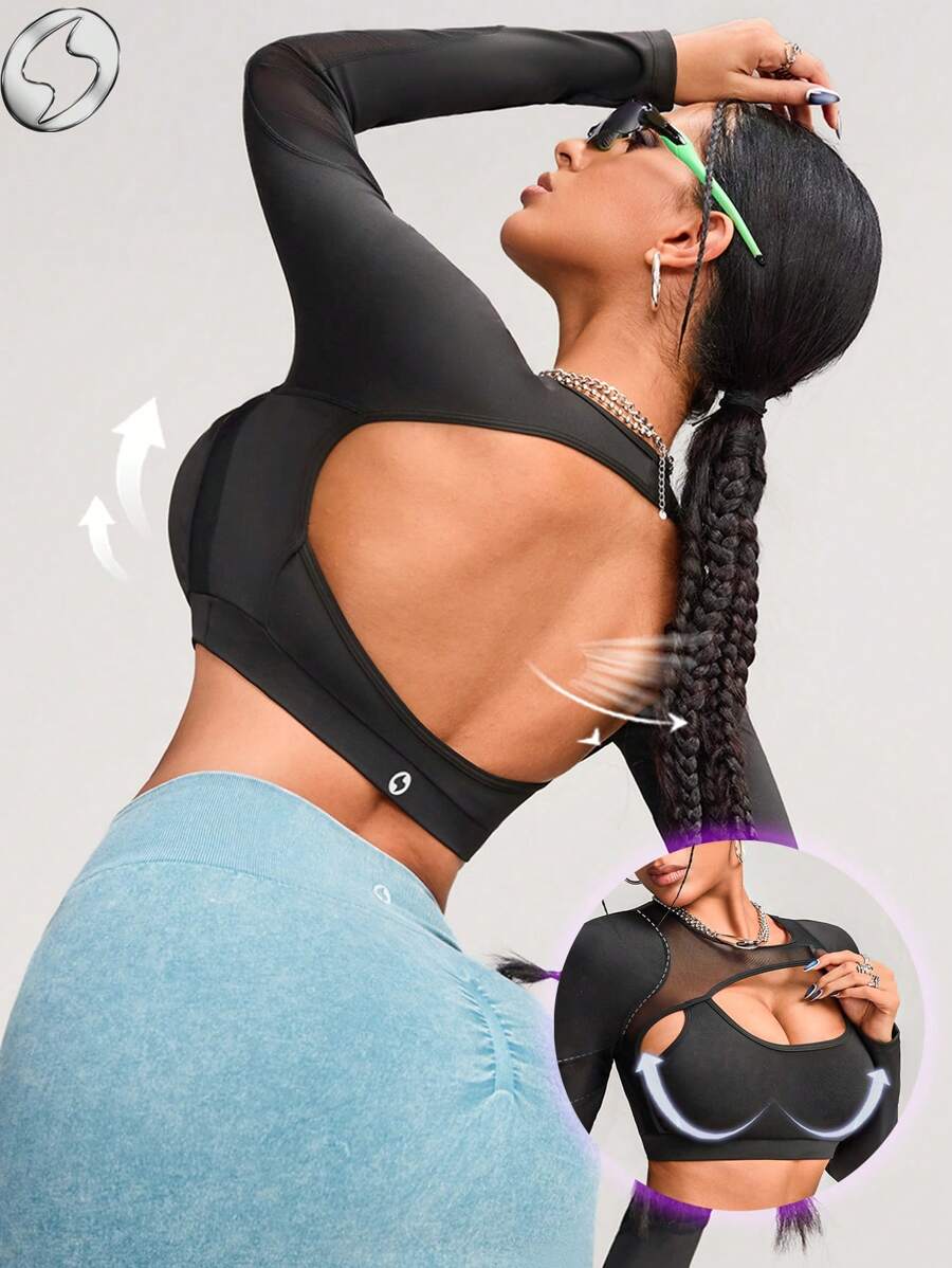 Innovista Innovista T-shirt de sport à manches longues pour femmes, noir, été, sexy, gym, dos ajouré sans dos, push-up, maille respirante, top court ajouré, tenue d'entraînement Dry Fit - Noir - Voir 1
