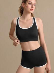 无缝瑜伽双层工字背心/健身瑜伽/运动锻炼/撞色绑带/软杯防滑/镂空背部 - 黑色 - 查看 6