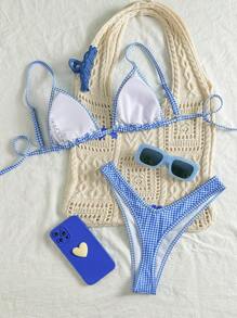 Swim Mod Springbreak Women Plaid Halter Tie Bow 2pcs Spaghetti Strap Bikini Swimwear Set