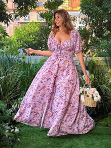 Flirla Plus Size Women Floral Print Tie Front Puff Sleeve Elegant Dress For Vacation,Easter Dress - Purple - View 1