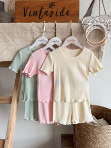 Vintaside Kids Young Girls Casual Solid Color Short Sleeve Top And Shorts Set - Multicolor - View 10