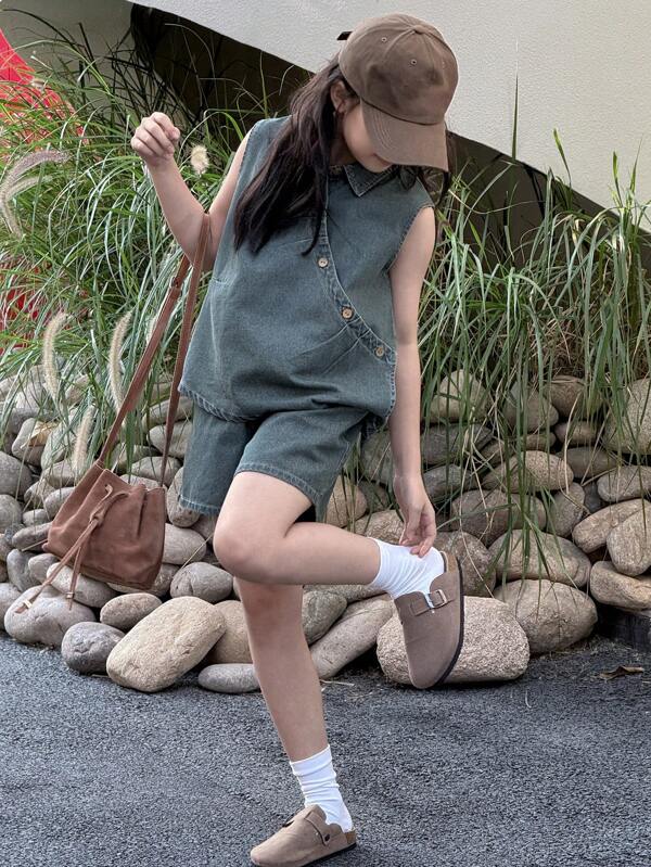 Dazy Kids Conjunto de chaleco sin mangas de mezclilla y shorts para niñas preadolescentes, atuendo casual y elegante para el día a día