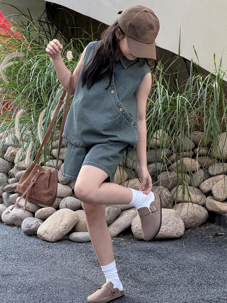 Tween Girls' Sleeveless Denim Vest & Shorts Set, Casual & Stylish Daily Outfit