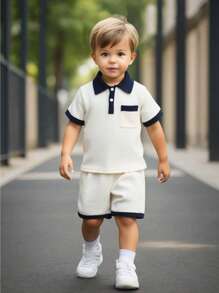 SHEIN 2pcs Young BoyBicolor Patchwork Polo Shirt And Shorts Set, Getaway, Holiday, Travel, Relax, Sunbathing, Summer