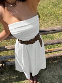 SHEIN EZwear 西式波西米亚风格露背白色中长休闲连衣裙，适合夏季度假