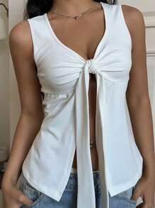 SHEIN EZwear Weißes gestricktes ärmelloses Crop Top mit Bindedetail für Frauen