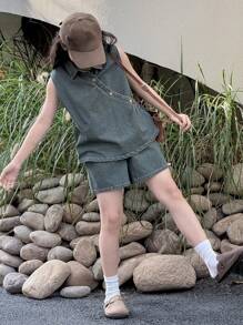 Dazy Kids Tween Girls' Sleeveless Denim Vest & Shorts Set, Casual & Stylish Daily Outfit - Blue - View 3