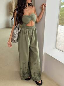 SHEIN EZwear 夏季波西米亚风露背高腰阔腿连体裤 - 綠色 - 查看 3