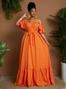 Maweii Plus Size Women Off Shoulder Elegant Solid Color Vacation Dress,Sun Dress - Orange - View 4