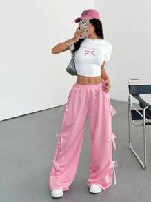 Muchica 2pcs/Set Spring/Summer New Round Neck T-Shirt & Bow Tied Track Pants Suit - Multicolor - View 3