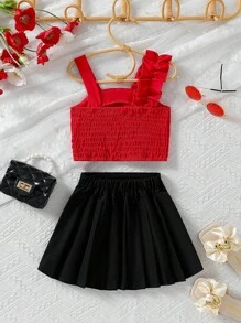 SHEIN 2 件套年轻女孩优雅露肩荷叶边上衣和百褶裙，夏季