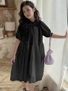 DAZY Tween Girl Collared Short Sleeve Mesh Overlay Dress, Summer,Back To School Clothes