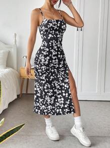 SHEIN EZwear Women's Floral  Black Daisy Slip Dress With Slit