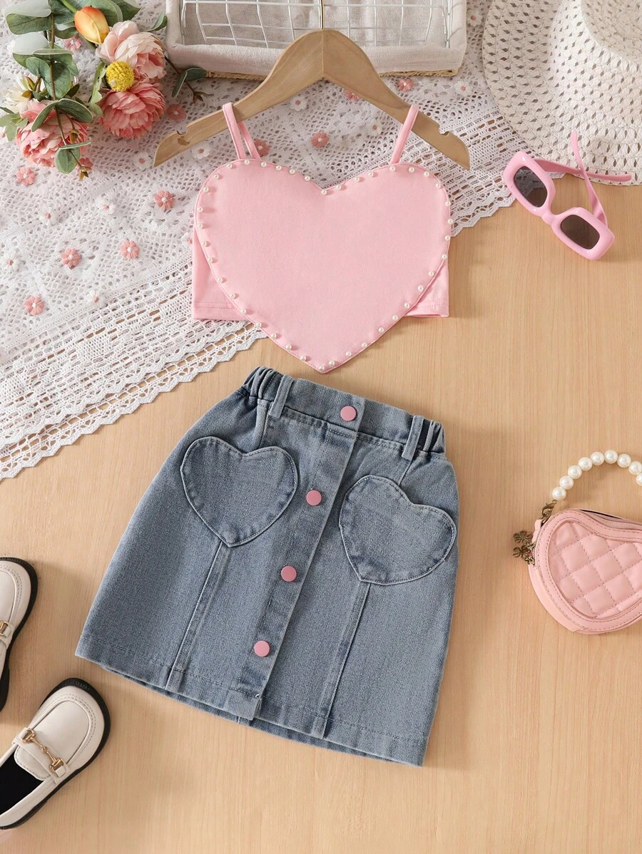 SHEIN Leap Crew 2pcs Set Girl Casual Heart Pearl Decorated Tank Top & Mini Skirt - Pink - View 1