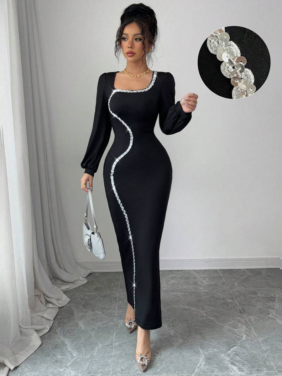 Modelyn Đầm dài tay dài đính sequin cổ vuông cho nữ