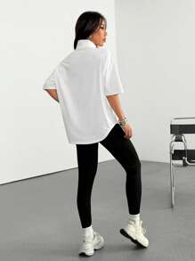 SHEIN EZwear Women's New Letter Embroidery Stand Collar T-Shirt And Leggings 2 Pieces Set - Multicolor - View 2