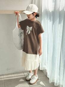 Dazy Kids 青少年女孩圆领短袖蝴蝶印花拼接休闲连衣裙，夏季，返校服装 - 棕色 - 查看 2
