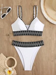 Swim Lushoire Black & White Adjustable Strap Sexy Bikini Swimwear For Women, For Summer Beach Vacation