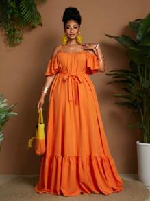 Maweii Plus Size Women Off Shoulder Elegant Solid Color Vacation Dress,Sun Dress - Orange - View 3