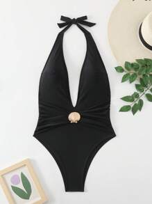 Swim SXY Maiô de Malha de Decote V Profundo Casual Sensual de Alça para Mulheres, Férias de Praia de Verão - Preto - Visão 4