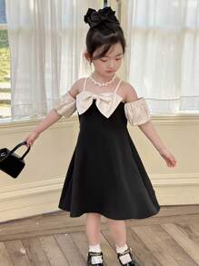 DAZY Young Girl Girls' Bowknot Color Block Open Shoulder Short Sleeve Woven Summer Dress, Small Size - Black - View 5