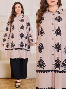 Lacomfia Vintage Style Fashion Printed 2 Pieces Set, Plus Size - Black - View 1