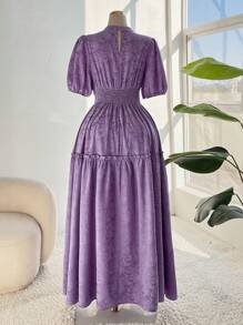 Flirla 大码优雅纯色提花镂空连衣裙 - 紫色 - 查看 4
