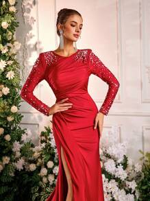 Glamrae Elegant Brown Round Neck Long Sleeve Ruched Chest Side High Slit Mermaid Hem Dress, Versatile For Formal Occasions, Evening Gown, Wedding Guest Dress, Party Dress - Red - View 1