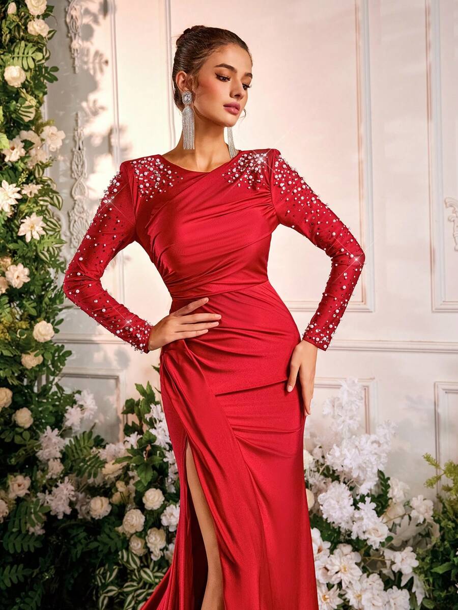 Glamrae Elegant Brown Round Neck Long Sleeve Ruched Chest Side High Slit Mermaid Hem Dress, Versatile For Formal Occasions, Evening Gown, Wedding Guest Dress, Party Dress - Red - View 1