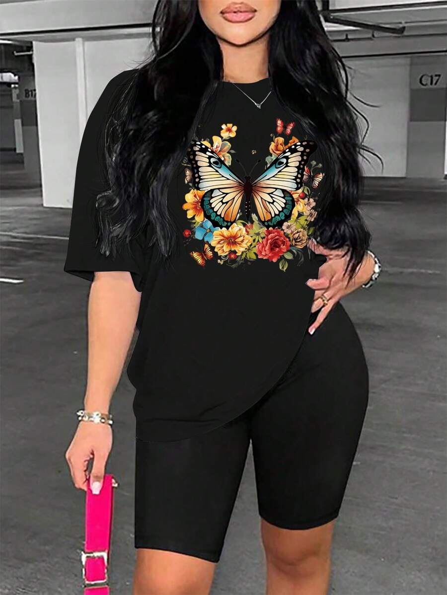 SHEIN LUNE 2pcs Women Floral And Butterfly Print Short Sleeve Top And Shorts Set - Black - View 1