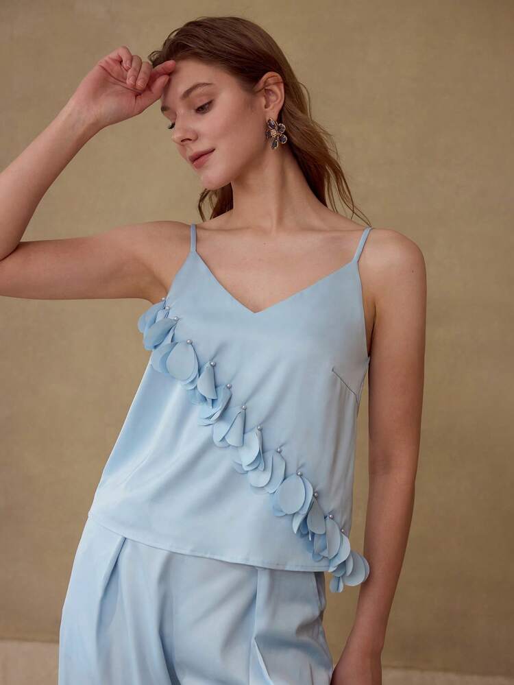 FAUX PEARL DETAIL RUFFLE CAMI TOP