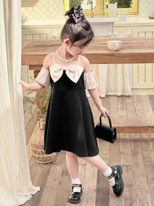 DAZY Young Girl Girls' Bowknot Color Block Open Shoulder Short Sleeve Woven Summer Dress, Small Size - Black - View 1
