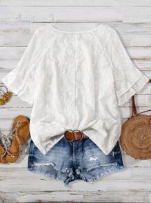 Linhara Plus Size Casual Solid Color Floral Embroidered Blouse