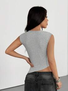 Muchica Women's Casual Sleeveless Knitted Top: Light Grey Ruched Round Neck Regular Length Tank Top For Everyday Wear - Light Grey - View 2