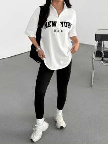 SHEIN EZwear Women's New Letter Embroidery Stand Collar T-Shirt And Leggings 2 Pieces Set - Multicolor - View 6