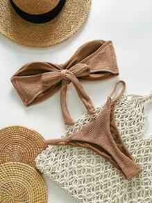 Swim Chiccia Springbreak 女士沙滩装夏季套装，女士纯色提花面料抹胸金属装饰性感比基尼泳装套装 - 咖啡棕 - 查看 2