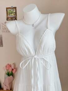 Comfortcana 女士纯色腰带休闲吊带迷你连衣裙 - 白色 - 查看 3