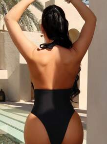 Swim SXY Maiô de Malha de Decote V Profundo Casual Sensual de Alça para Mulheres, Férias de Praia de Verão - Preto - Visão 2