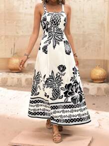 Breezaya 女士热带印花细肩带褶皱腰飘逸连衣裙，度假风格