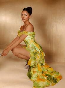 SHEIN SXY Sundress;Summer Cami Yellow &Green Tie-Dye Print Tiered Layer Ruffle Hem High Slit Multicolor Women's Dress