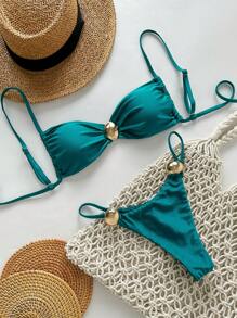 Swim Chiccia 2 件装女士金属纯色细肩带吊带上衣和丁字裤比基尼海滩度假夏季泳装套装 - 水鴨藍 - 查看 5